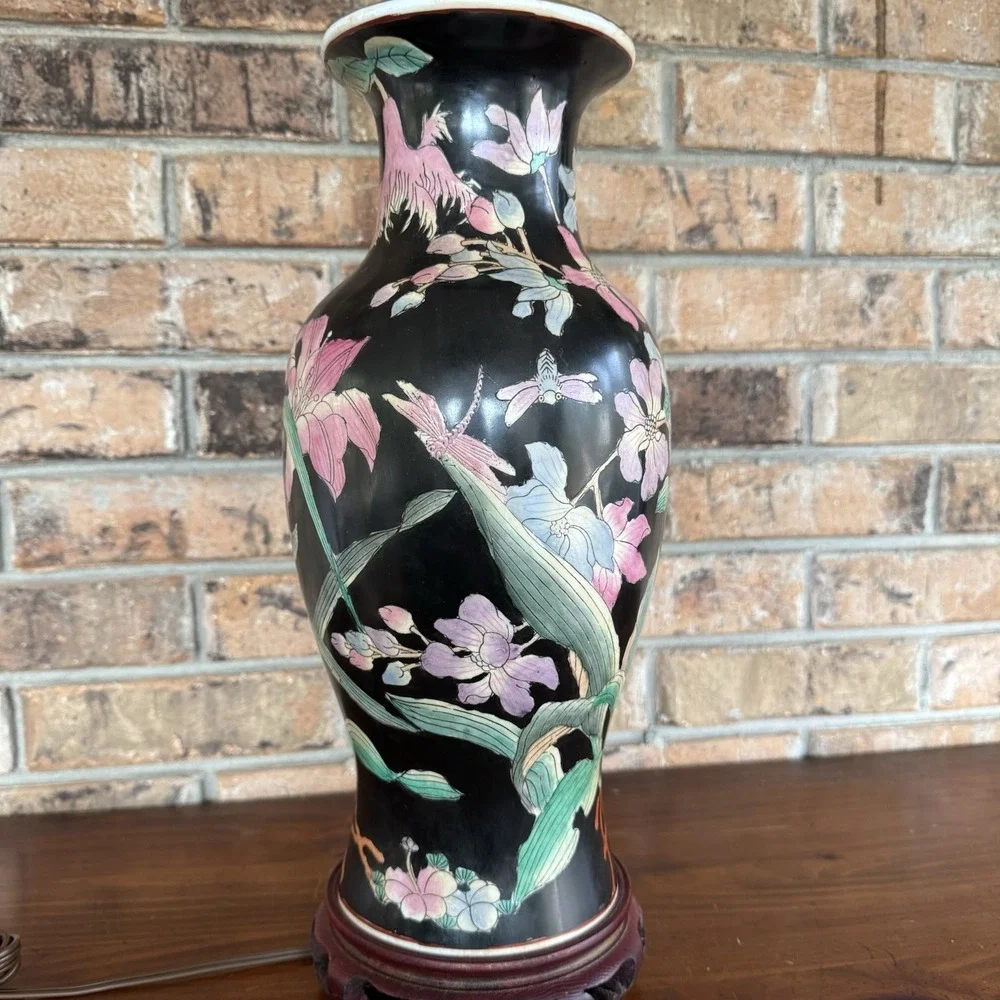 Vintage Famille Noire Style Asian Water Lily Black Floral Porcelain Brass Lamp